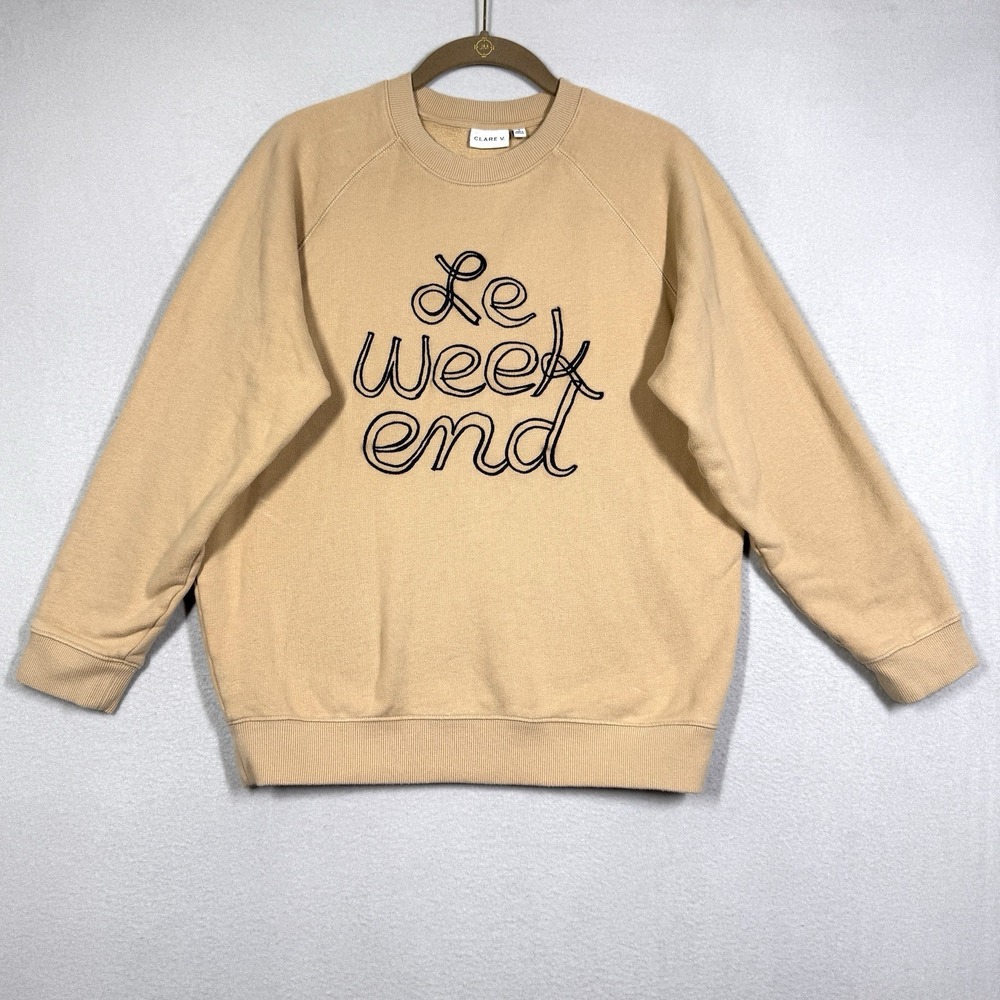 Clare V Sweatshirt Women Small Le Weekend Embroidered Pullover in Sand Back Logo